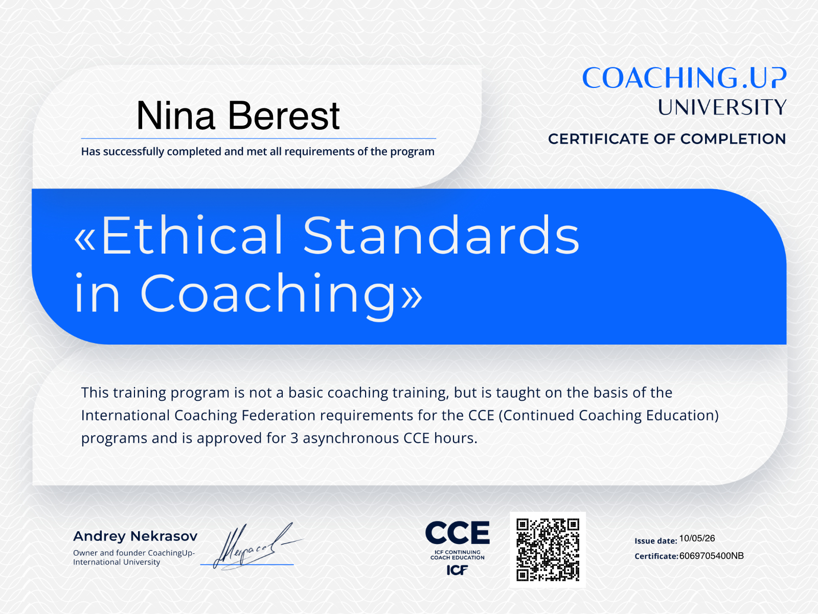 Certificate of completion for Ethical Standards in Coaching